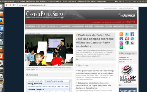 Repercussão com foto do workshop na página inicial do Centro Paula Souza